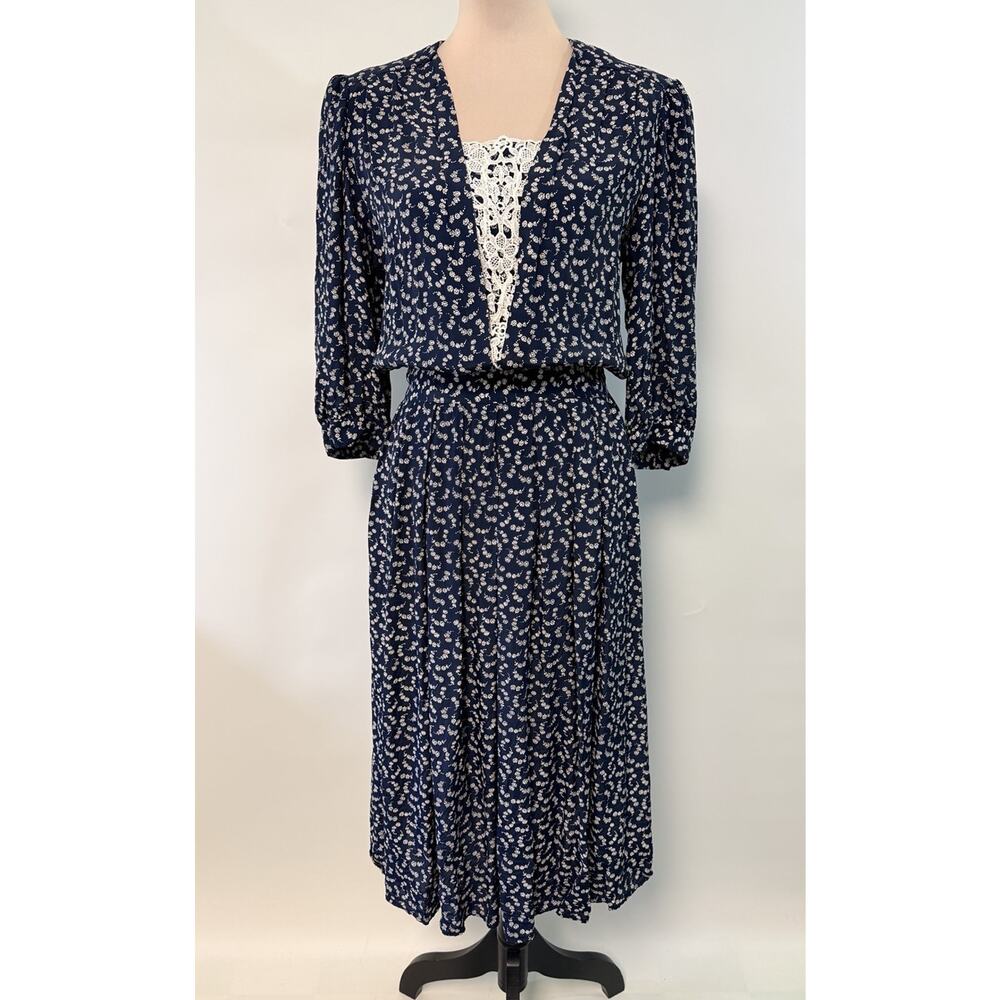 Vintage Dress Floral Lace Collar Country Prairie Midi‎ Sz 12 Victorian Cottage